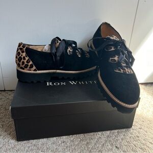 $450 Ron White Black Leopard Daisy Calf Hair Suede Sneakers size 41/10